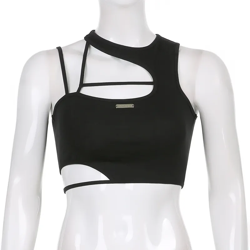 Churchf Churchf 2024 New Fashion Street Style Pure Color Asymmetrical Spicy Girl Hollow Out Short Small Vest Woman