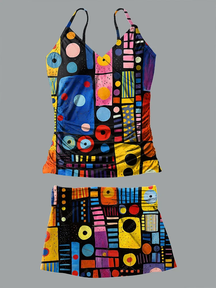 Abstract Colorful Geometric Pattern Art Print Suspender Skirt Bikini V Neck Set Swimsuit