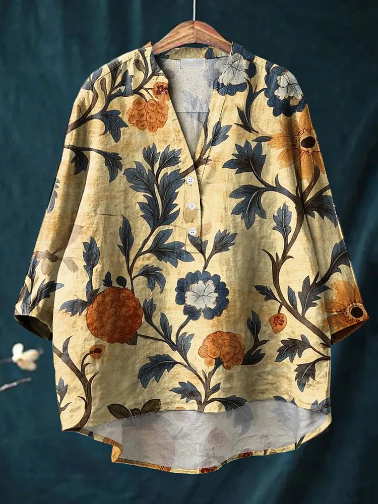 Women's Beautiful Vintage Floral Painting Art Print Casual Cotton And Linen Ruffle Shirt