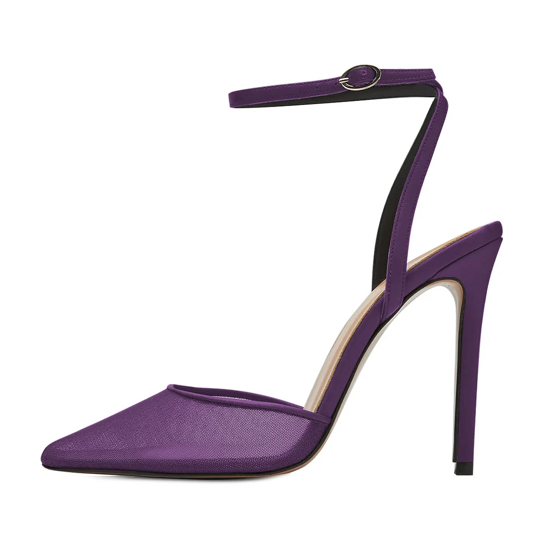 Purple Mesh & Satin Buckle Fastening Ankle Strappy Elegant Pumps