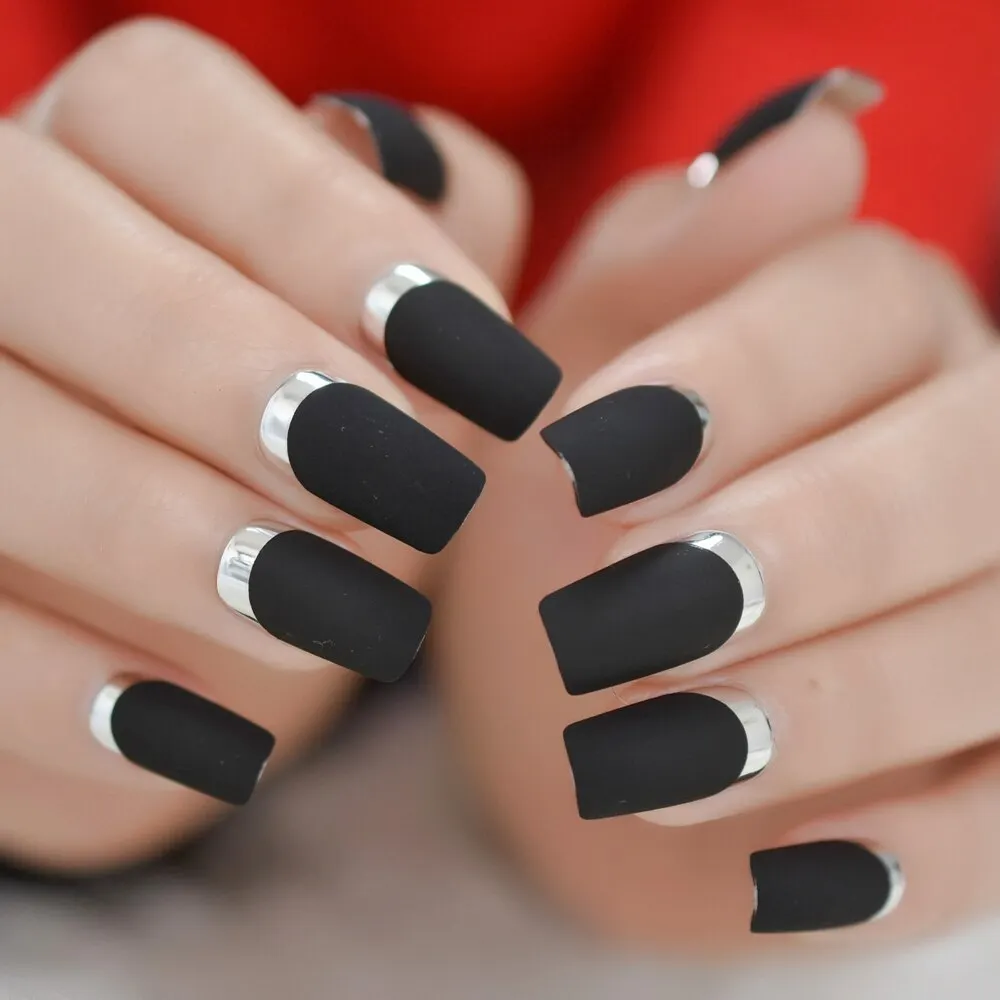 Short Nail Tips Square  Fingernail Golden Edge Pre Designs False Nail Art Black&gold Supplies For Professionals Wholesale Charms-Nail Inspo