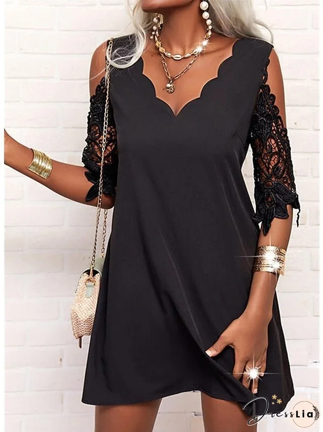 Women's Dress - Casual Dress Lace Dress Black Dress Mini Dress Black White Navy Blue Half Sleeve Pure Color Lace Summer Spring Scalloped Neck Stylish Vacation S M L XL XXL 3XL 4XL 5XL
