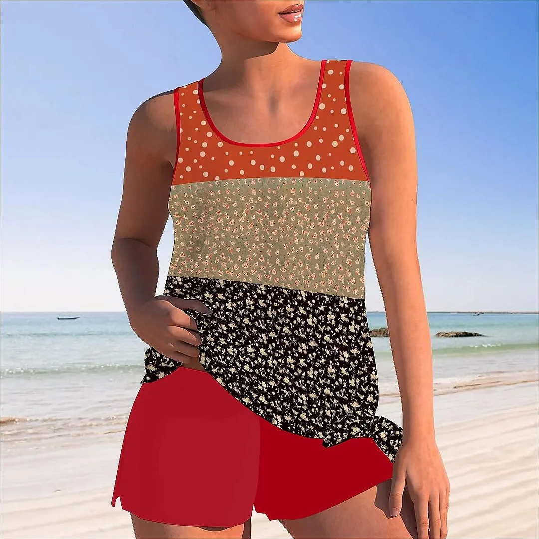 Bowknot Floral,Polka Dot,Red,Light Coffe,Navy,Stitch Mid Waisted Tankini Set - Plus Size Available