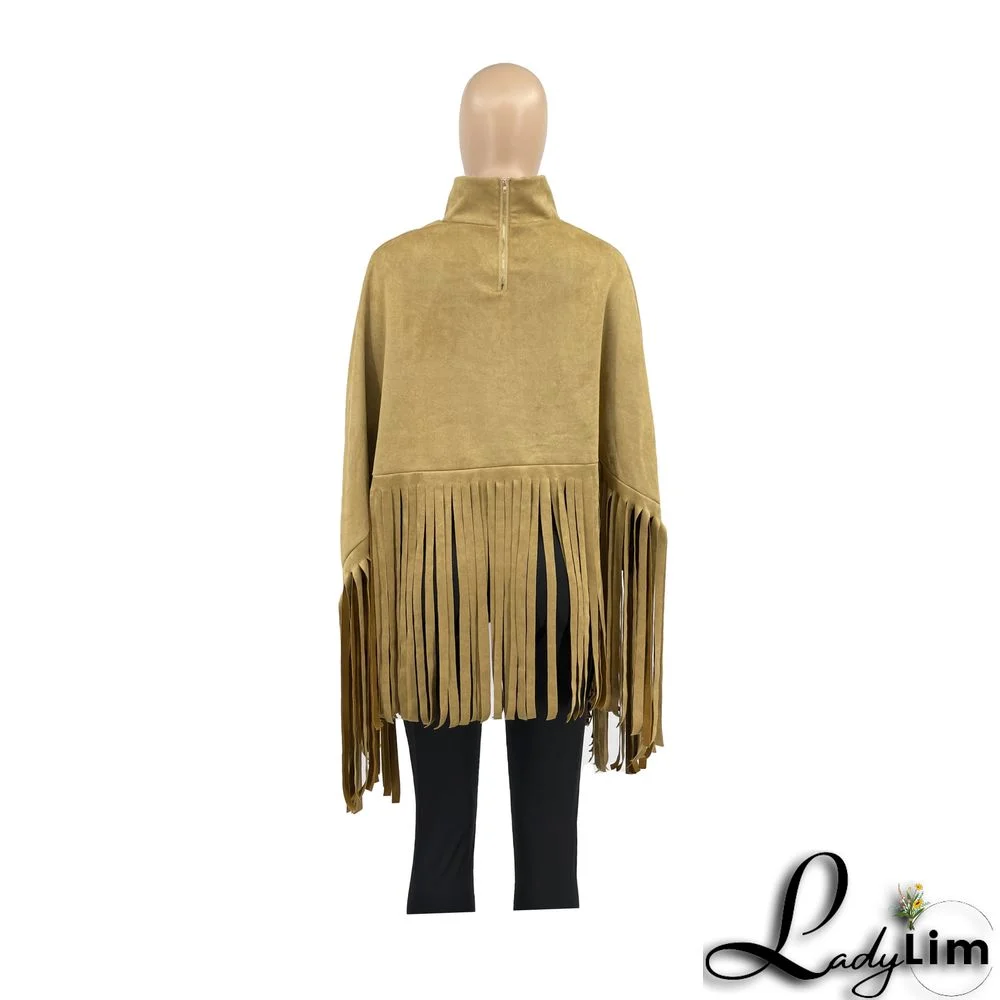 Women Autumn/Winter Premium Deerskin Fleece Fringe Shawl Cape Coat