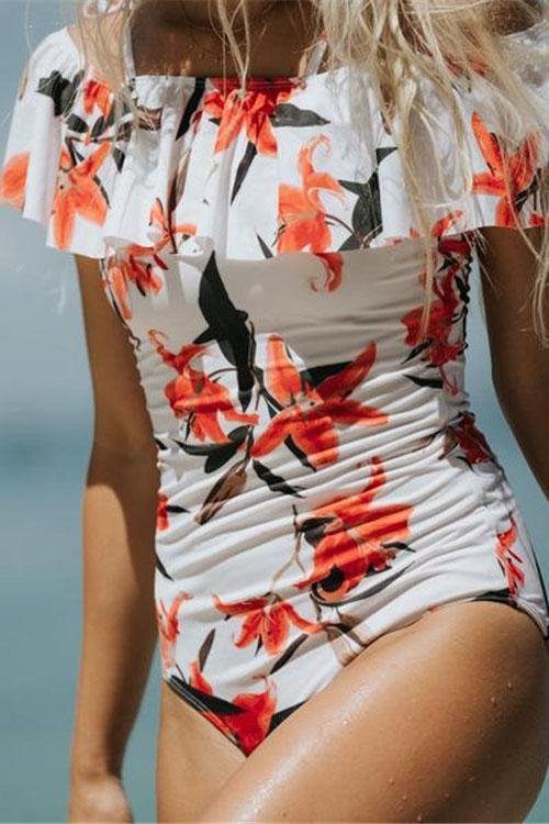 White Floral Print Off Shoulder Ruffle Straps Cute One Piece Swimsuit-elleschic