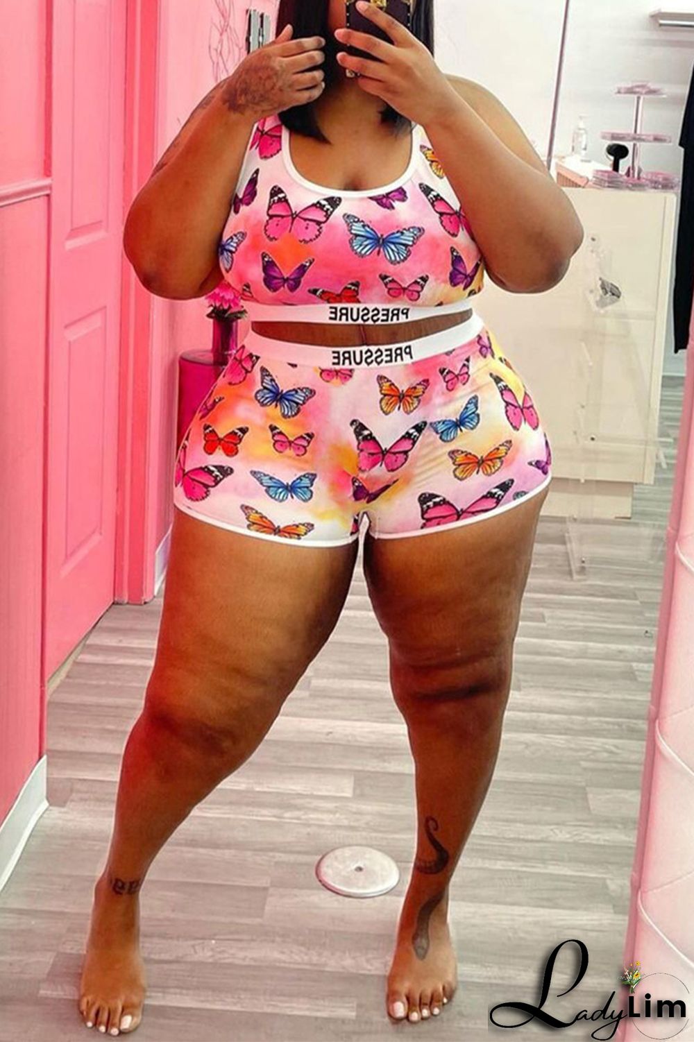 Pink Fashion Casual Print Basic U Neck Plus Size Two Pieces