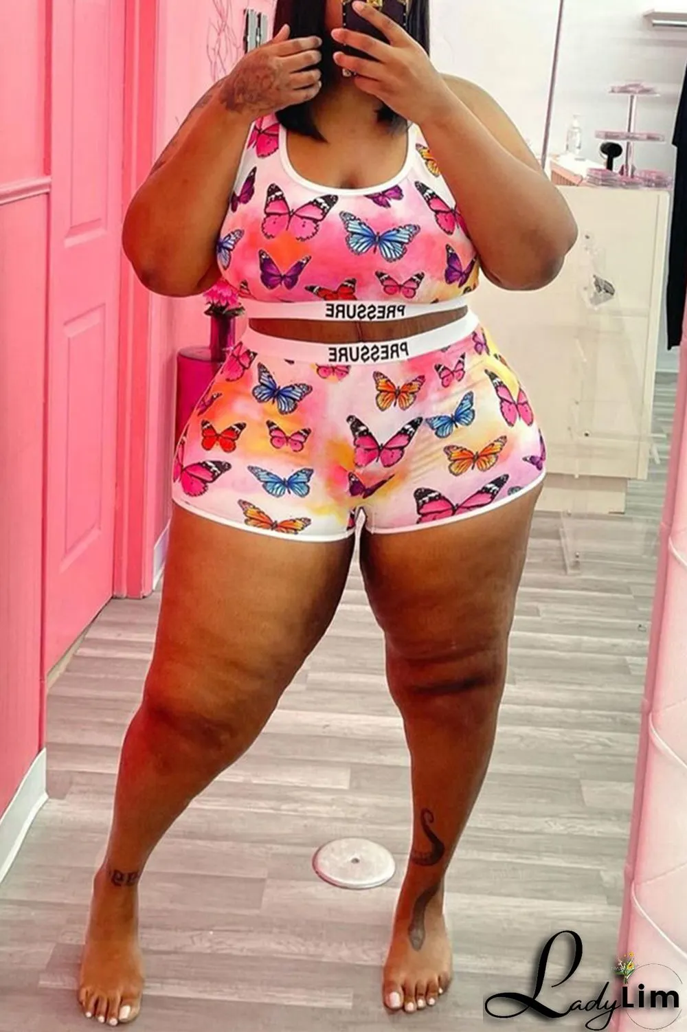 Pink Fashion Casual Print Basic U Neck Plus Size Two Pieces