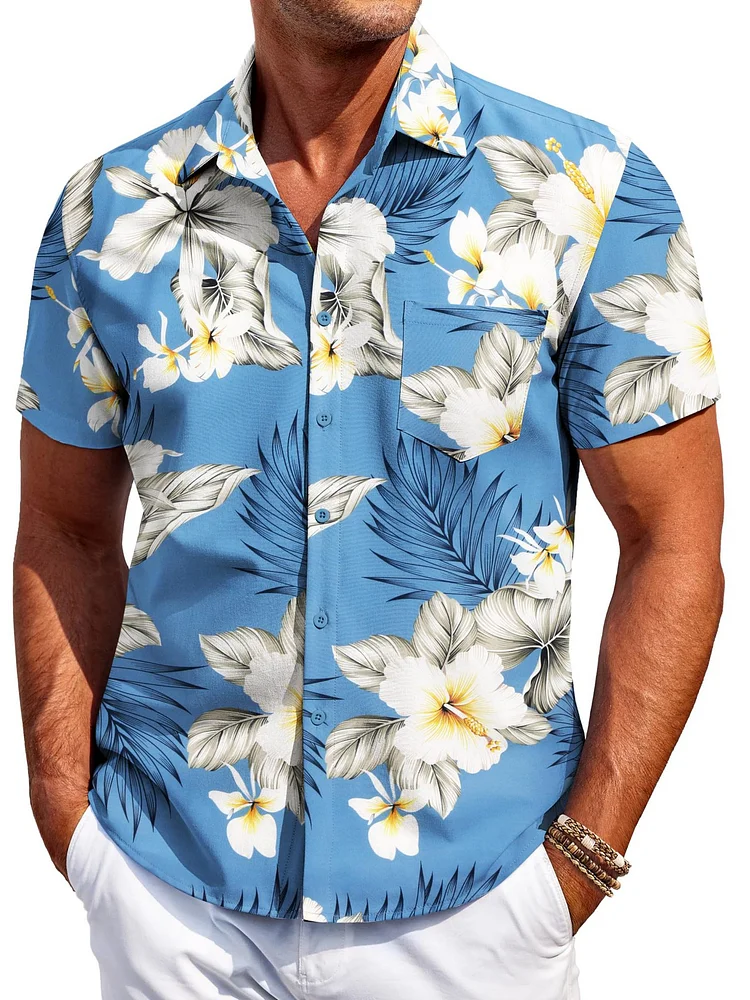 Men's Hawaiian Lapel Floral Print Pocket Short Sleeve Shirt