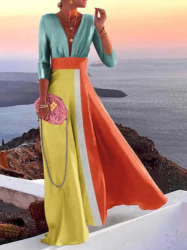 Women's Long Sleeve V Neck Colorblock Fashion Casual Dress