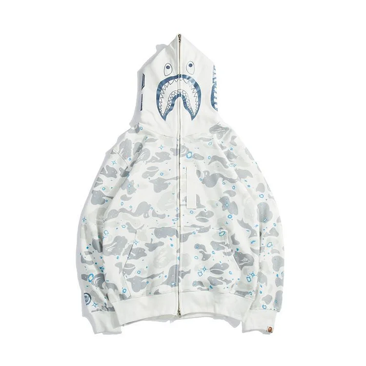 Shark Print Hoodie Starry Sky Sweater Black and White Starry Sky Blue Shark Hat Printed Casual Hooded Sweater