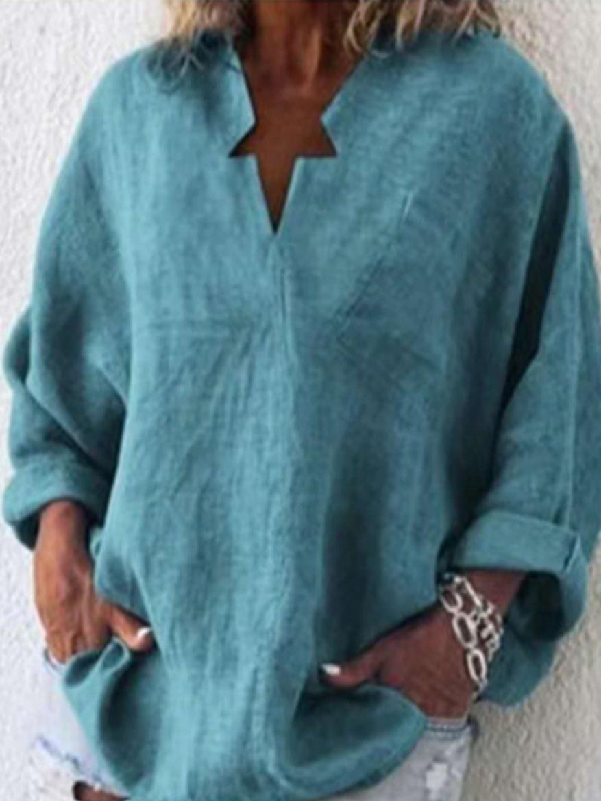 Ladies V-neck Cotton Solid Color Long-sleeved Blouse