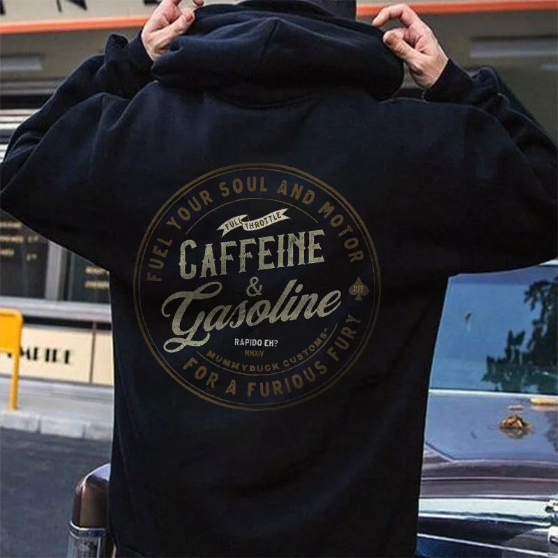 CAFFEINE & GASOLINE Letter Graphic Casual Black Print Hoodie