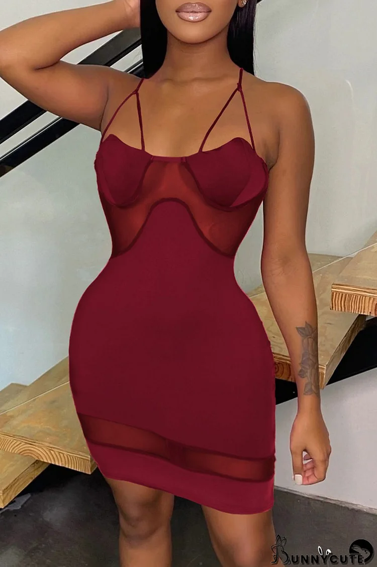 Burgundy Fashion Sexy Solid Split Joint Backless Spaghetti Strap Sleeveless Dress