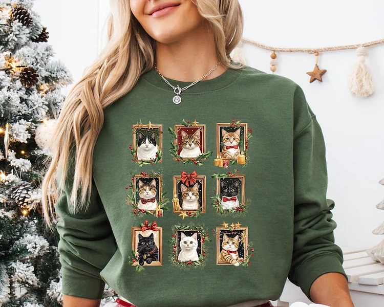 Christmas Custom Cat Dog Photo Shirt with Picture Frames, Vintage Cat Christmas Tee Sweatshirt Hoodie
