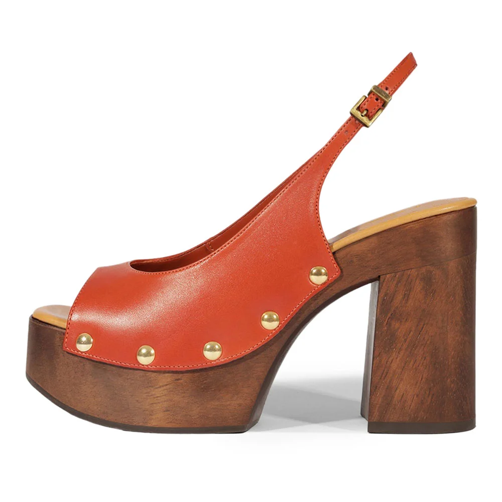 Orange Open-Toe Slingback Platform Block Heel Sandals with Studs