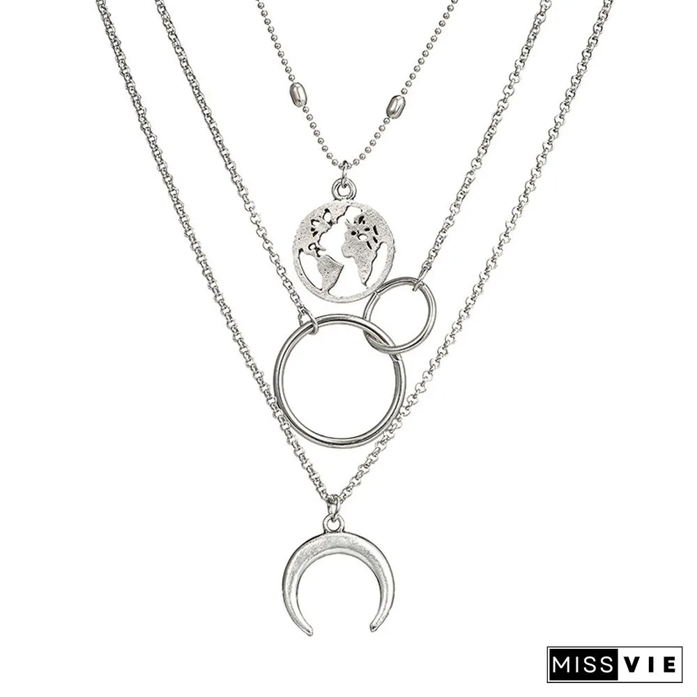 Fashion Women Multi-Layer Moon Map Necklace
