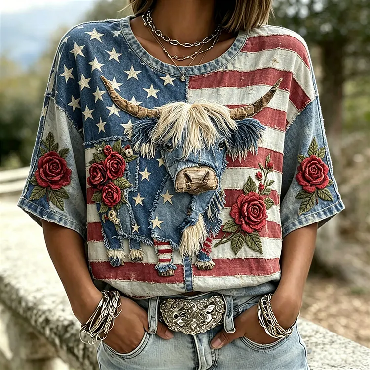 Vintage Highland Cow Roses American Flag Linen Tunic