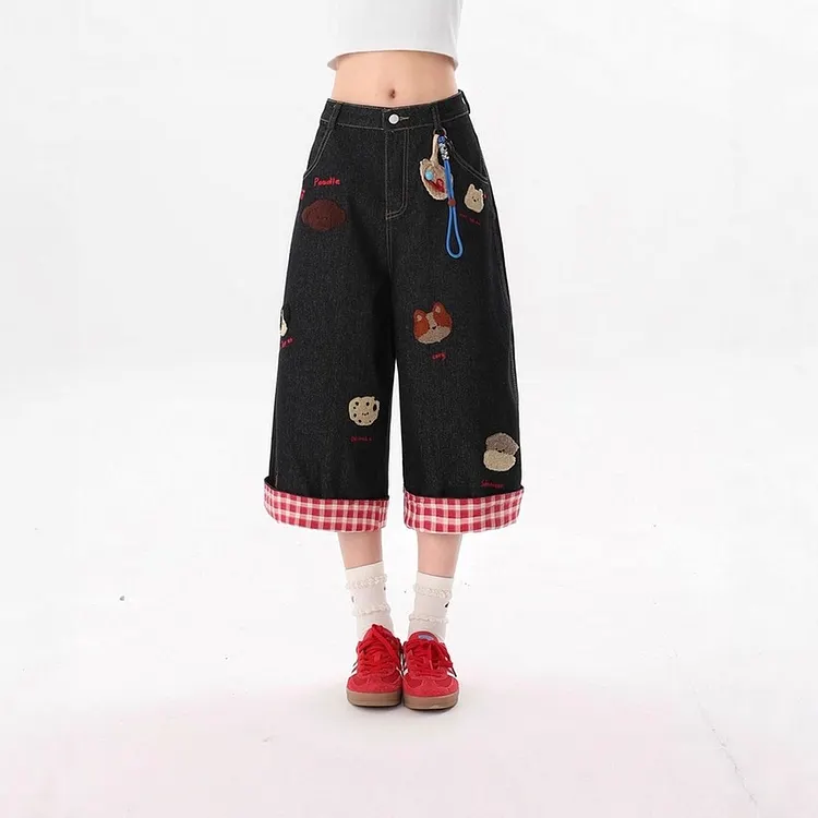 Embroidered Plaid Wide Leg Denim Shorts for Women