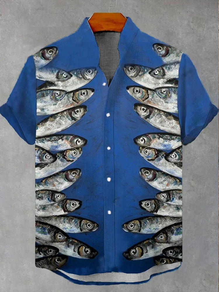 Men's Retro Fish Print Casual Short Sleeve Shirt