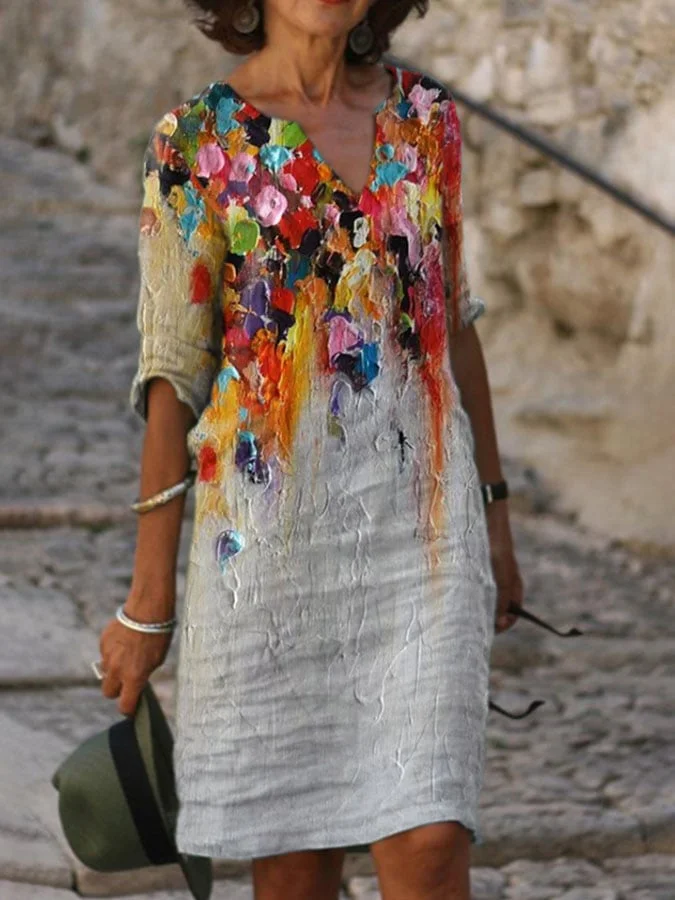 🔥Buy 3 Get 10% Off🔥V Neck Casual Floral Oil Painting Print Dress