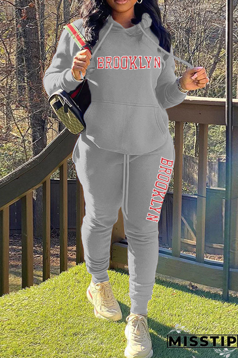 Black Street Print Letter Hooded Collar Long Sleeve Two Pieces