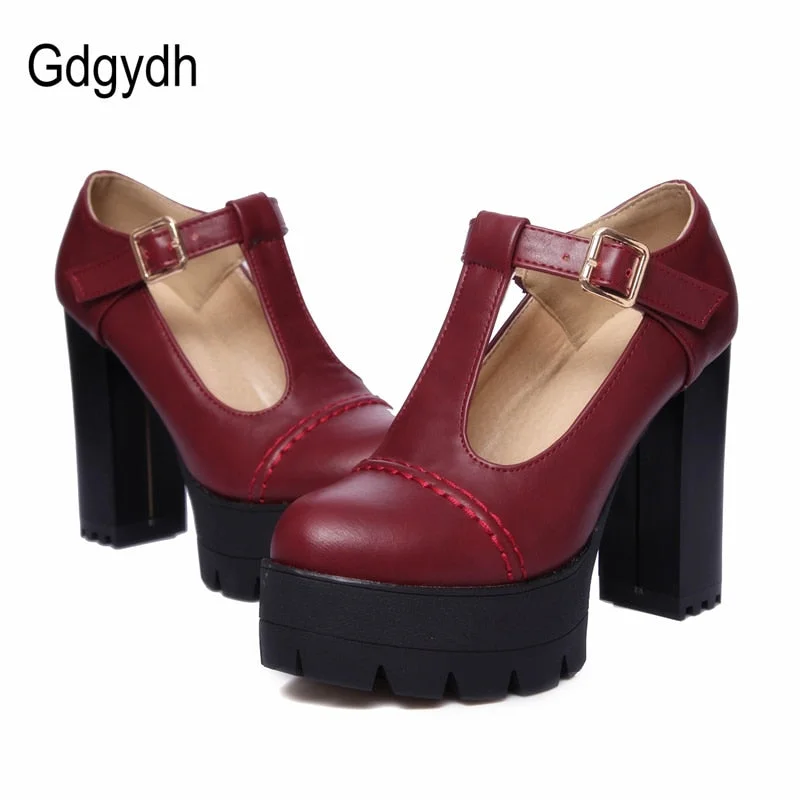 Gdgydh Fashion Women Pumps Round Toe T-starp Buckle Female Single Shoes Thick Heels Platform Women Shoes Russian Plus Size 43