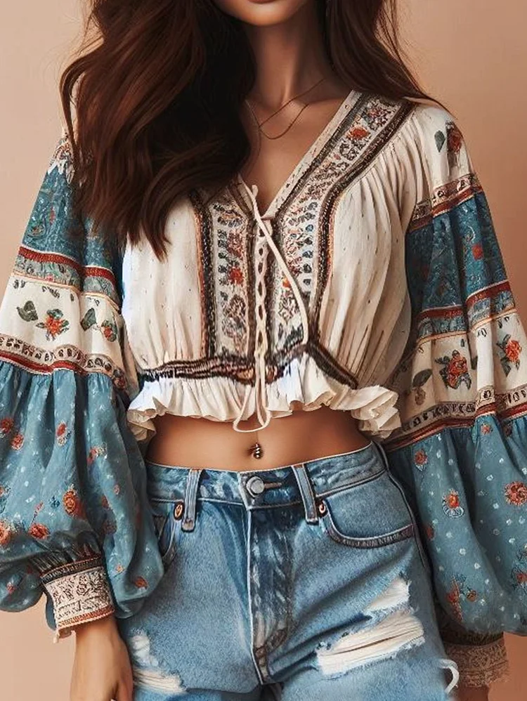 Boho Floral Print Patchwork Ruffle Puff Sleeve Cropped Blouse
