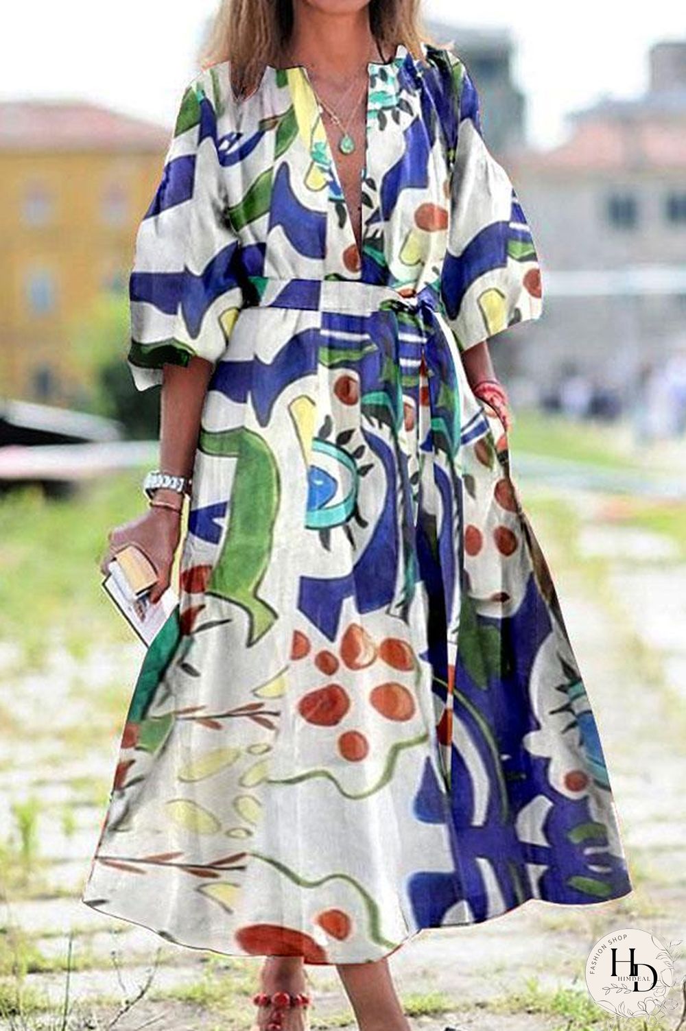 Ethnic Print Loose Mid-Sleeve Dress P11439