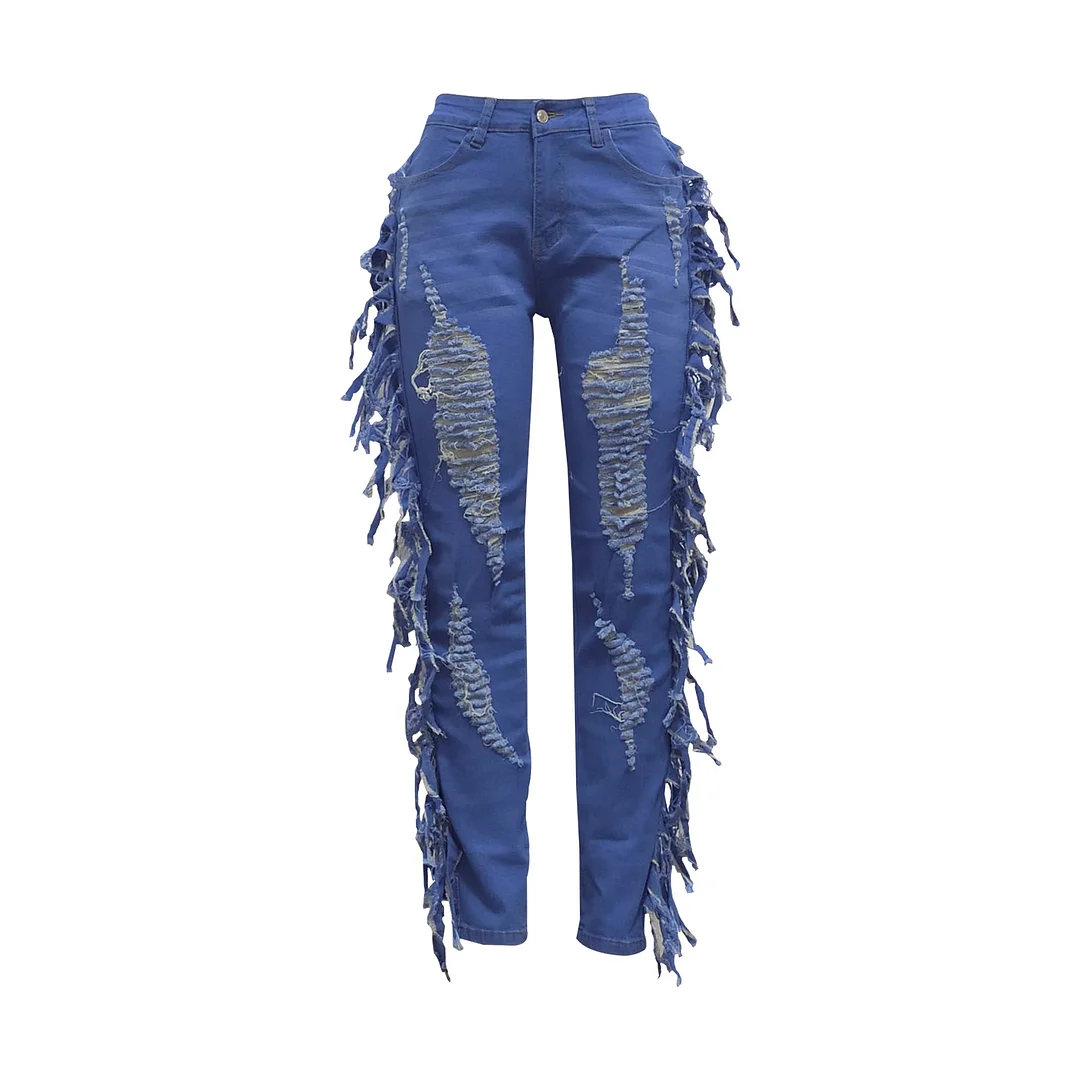 Women's Sexy Tassels Ripped Slim Fit High Elastic Denim Long Leggings