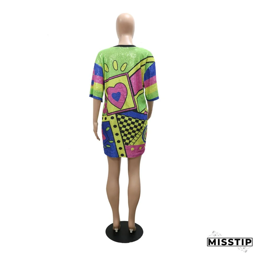 Trendy Round Neck Half Sleeve Loose Sequin Print Party Sequined Nightclub Style Women's Dress