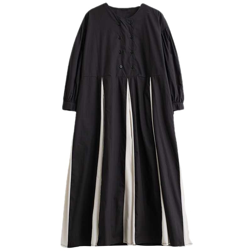 Casual Black and White Colorblocked Button Midi Dress