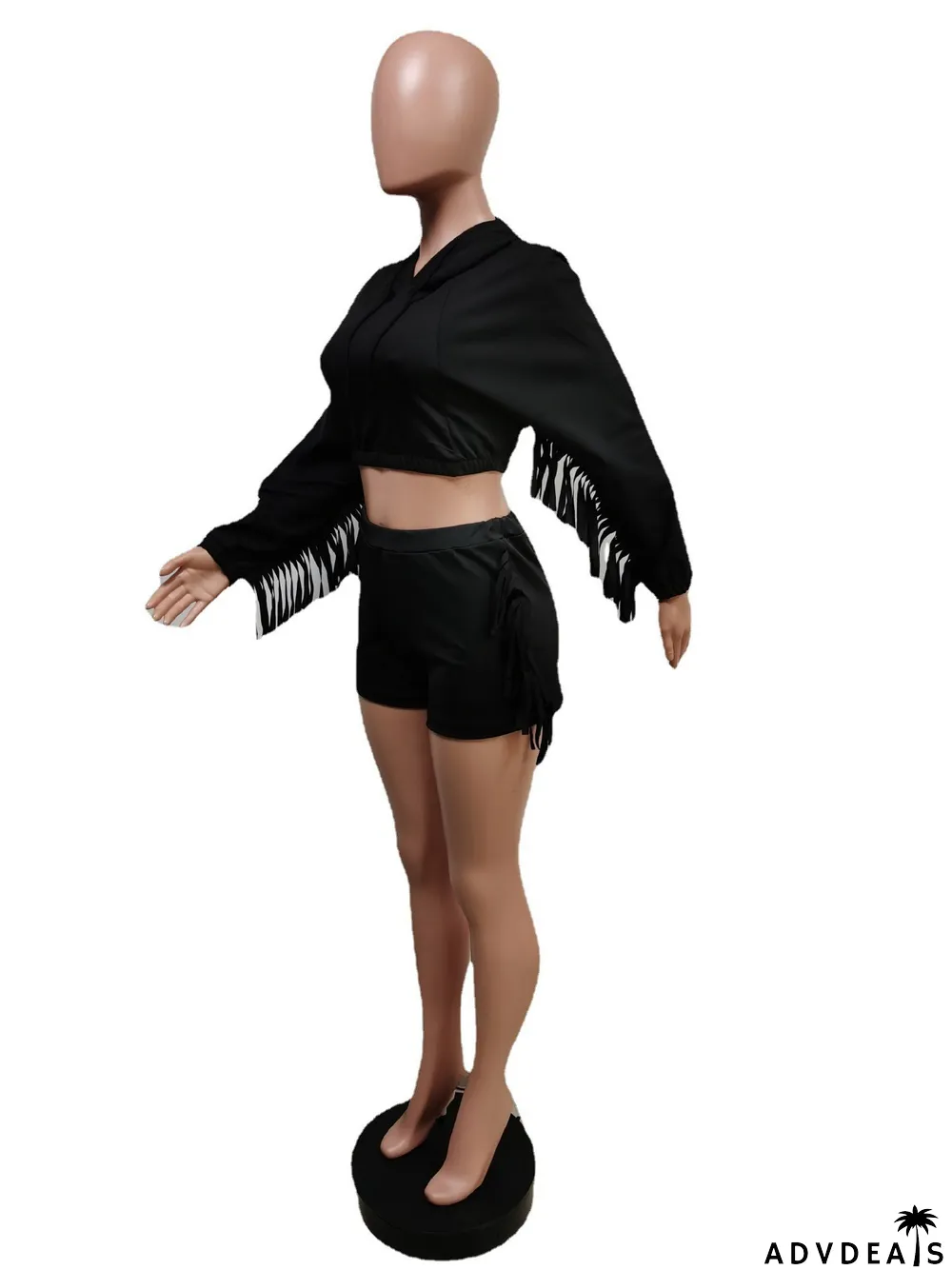 Pure Color Tassels Hooded Shorts Two-piece Suit