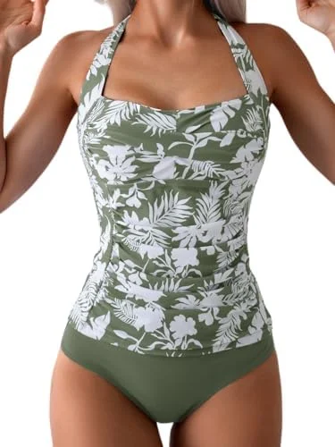 Womens Halter Ruched Tummy Control Two Piece Tankini 