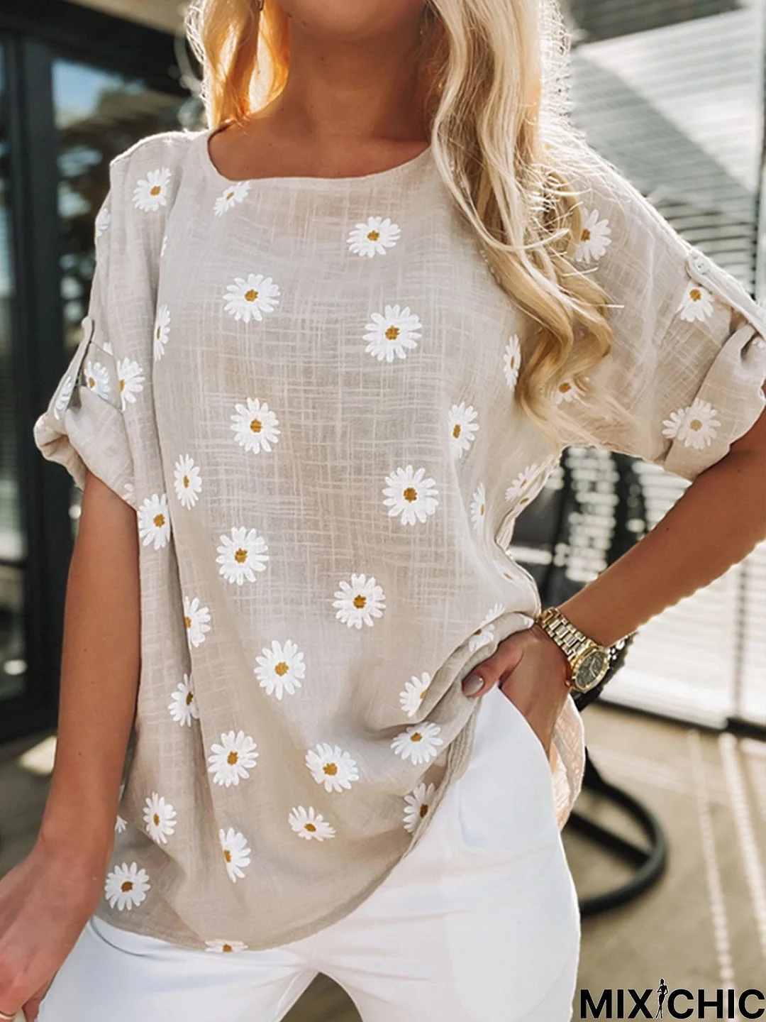 Vacation Crew Neck Floral Short Sleeve Tops