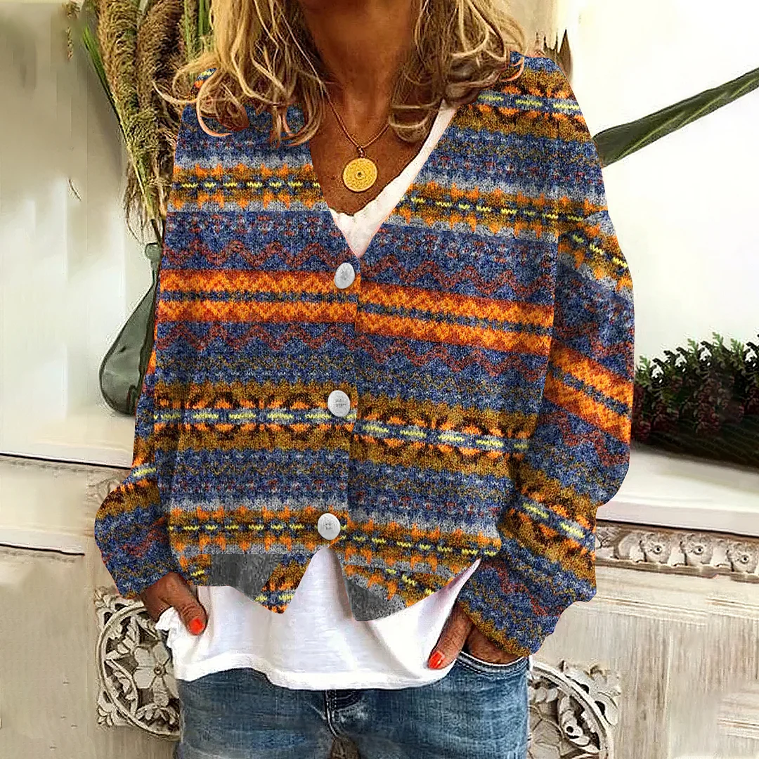 Vintage Icelandic Pattern V Neck Cozy Button Sweater