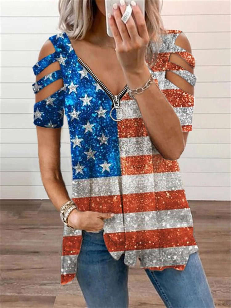Comstylish Glitter Flag Graphic Hollow Shoulder T Shirt