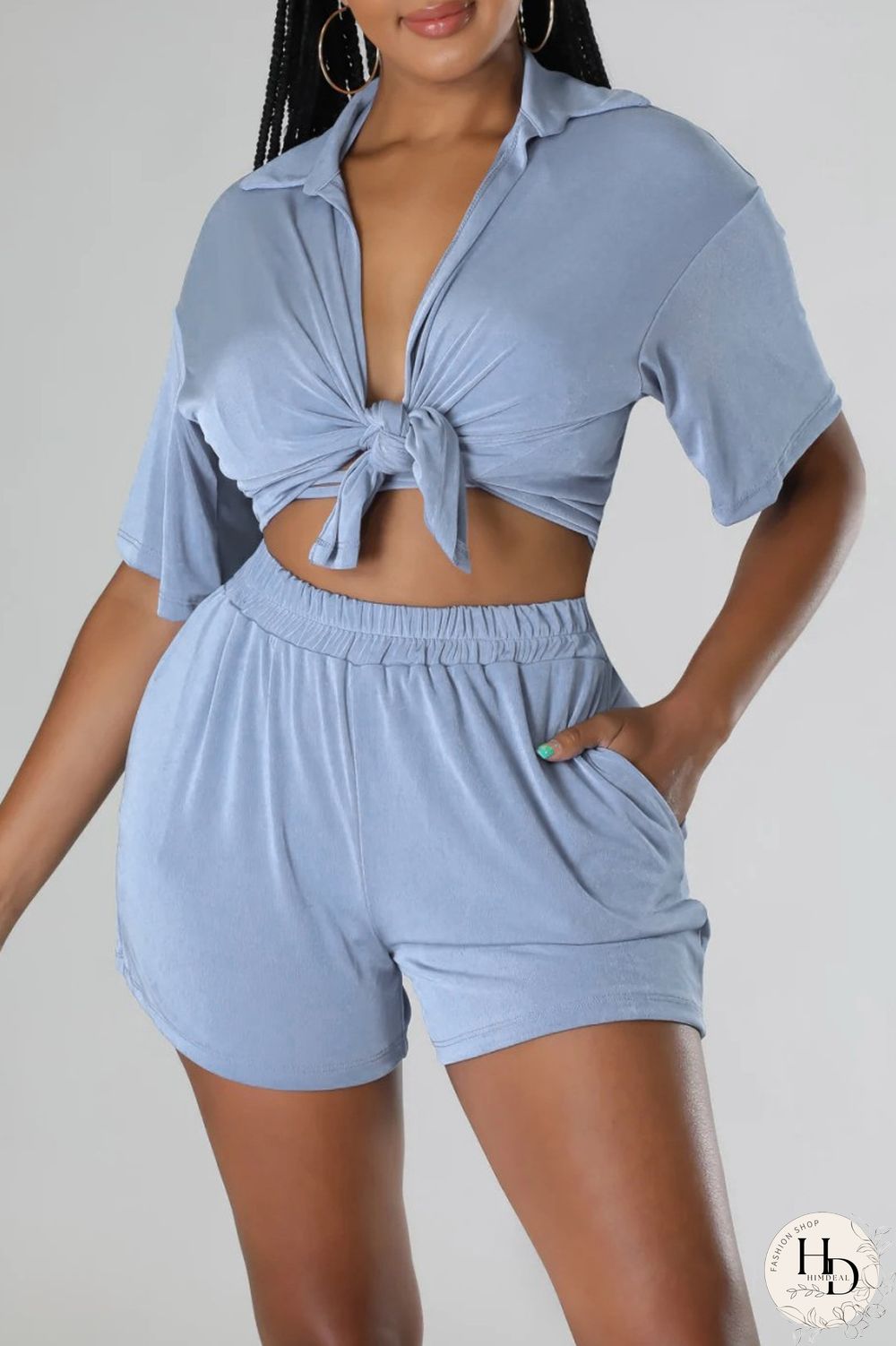 Blue Sexy Casual Solid Frenulum Shirt Collar Short Sleeve Three Piece Set