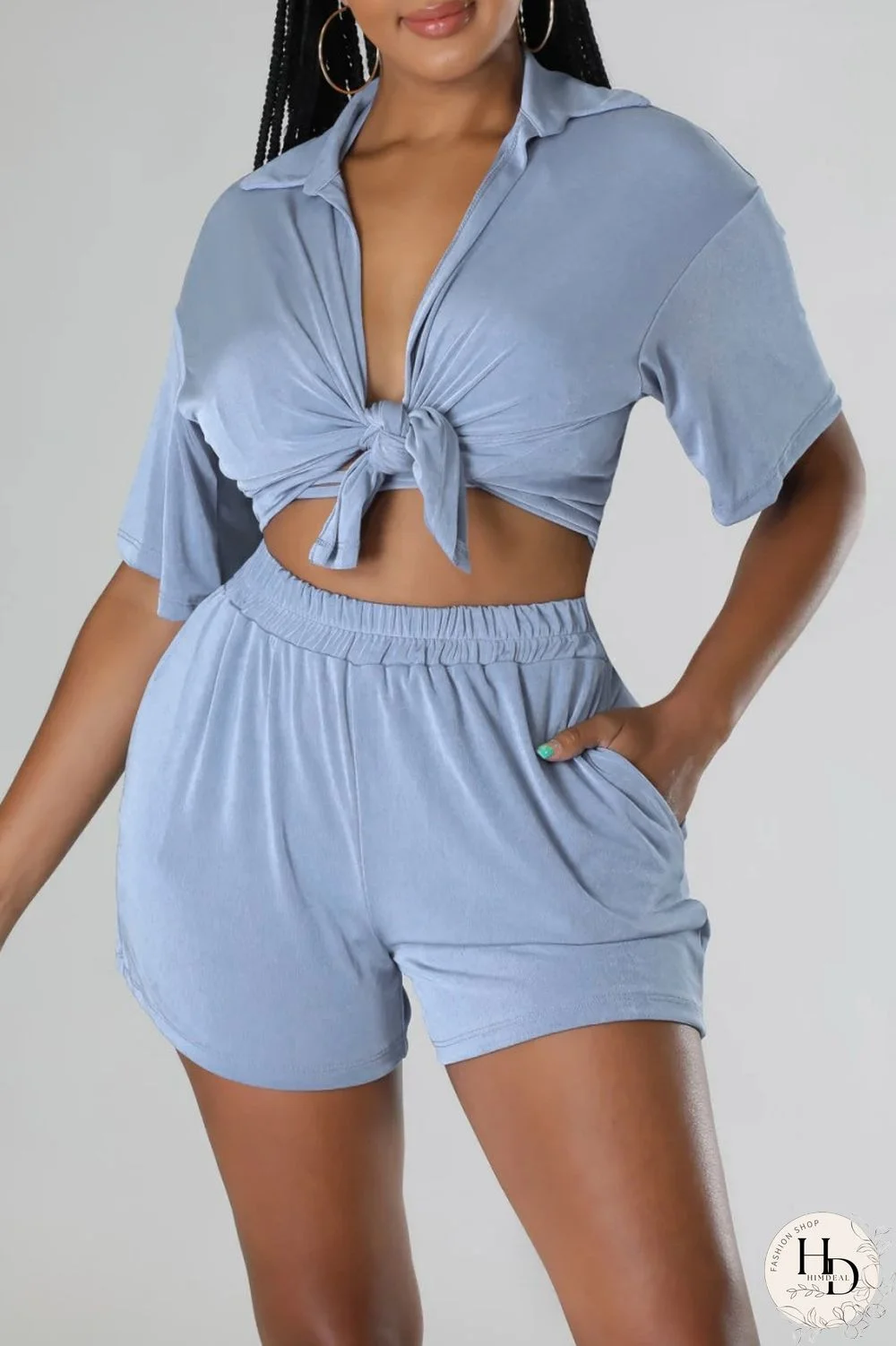 Blue Sexy Casual Solid Frenulum Shirt Collar Short Sleeve Three Piece Set