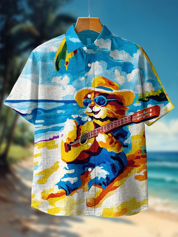 Men's Cat Playing Guitar On The Beach Art Print Casual Shirt