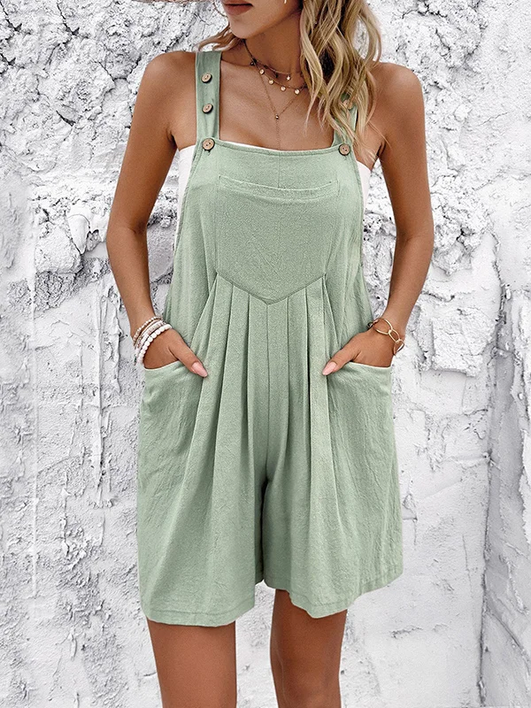 Split-Joint Pockets Pleated Buttoned Sleeveless Loose Square-Neck Overalls