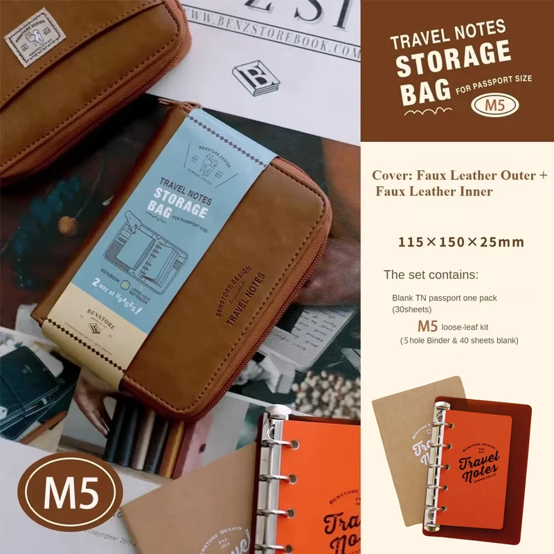 Fromthenon Portable Leather Zipper Traveler Notebook Journal M5 Loose-leaf Notebook Zipper Storage Bag Stationery Supplies