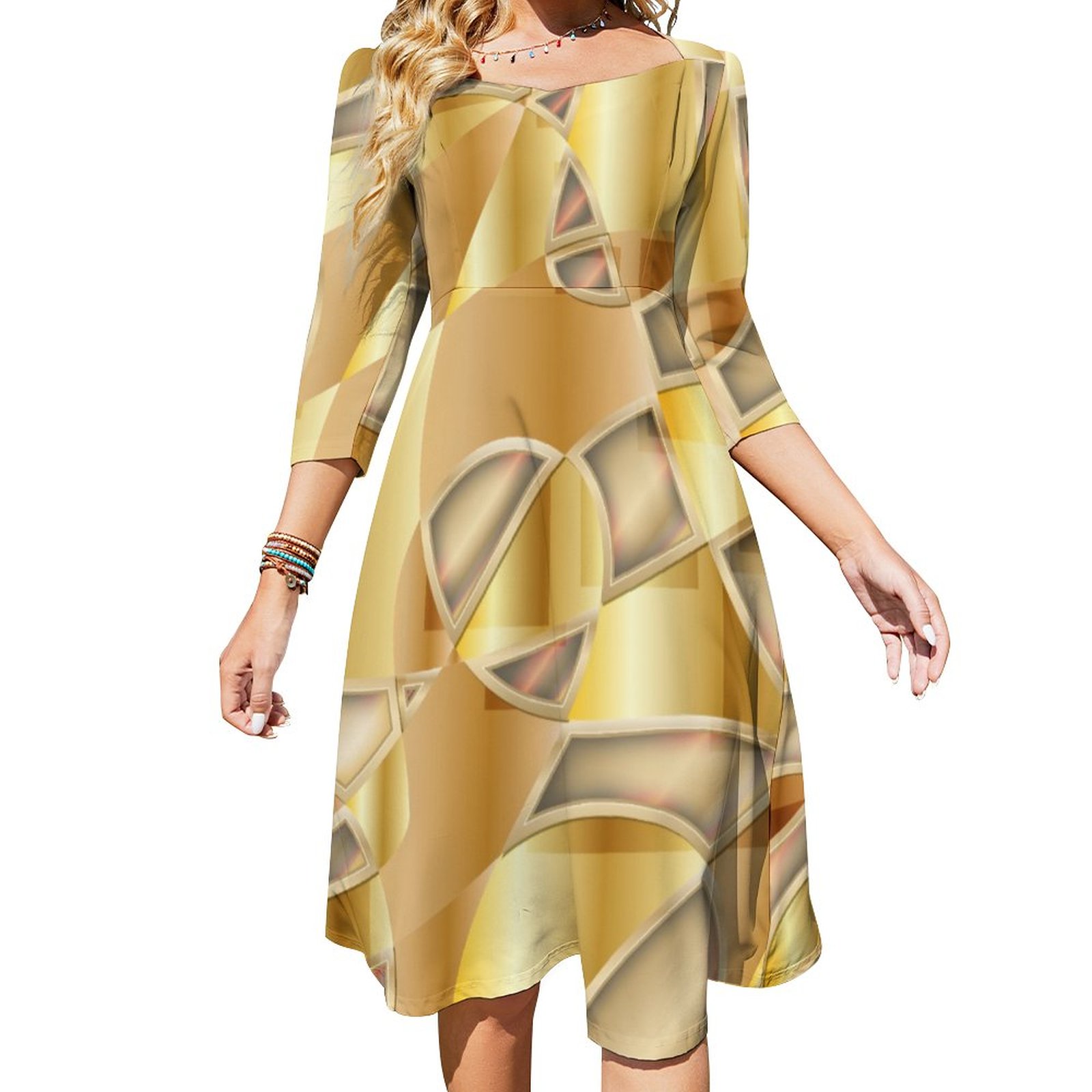 Luxurious Gold Metallic Collage Art Composition Dress Sweetheart Tie Back Flared 3/4 Sleeve Midi Dresses