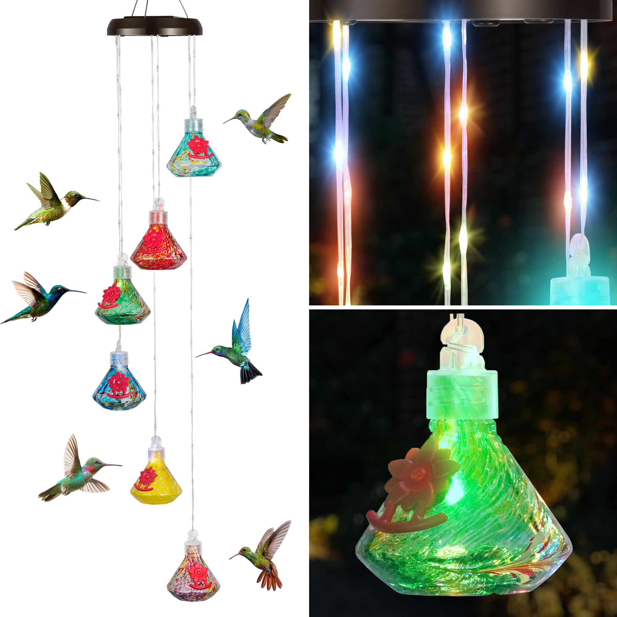 LUJII Solar Wind Chime Hummingbird Feeders for Outdoors, Lighted LED Wires, 6 Hand Blown Glass Reservoirs, RGB Lights, Diamond Shaped