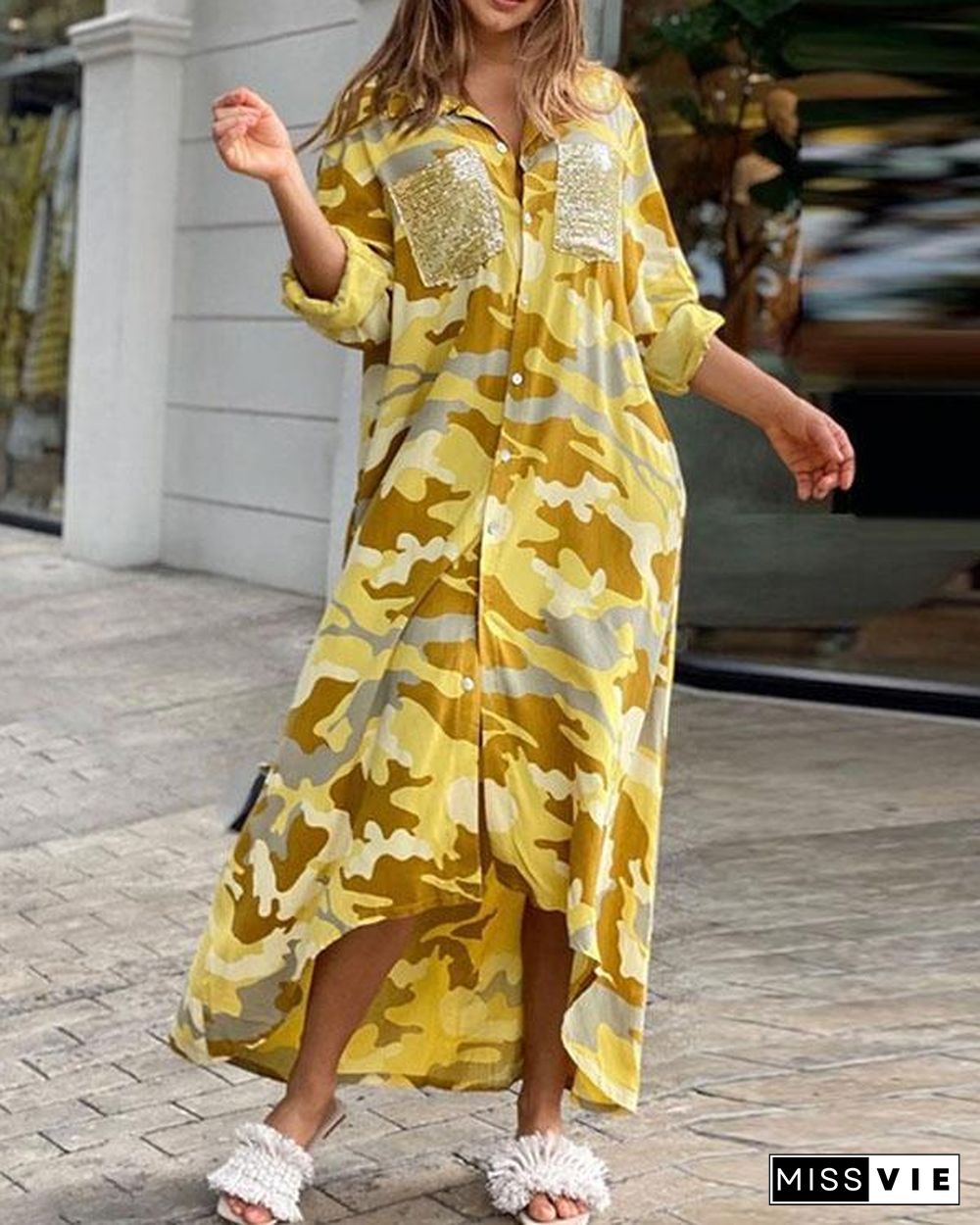 Camouflage Print Sequins Pocket Design Maxi Dress