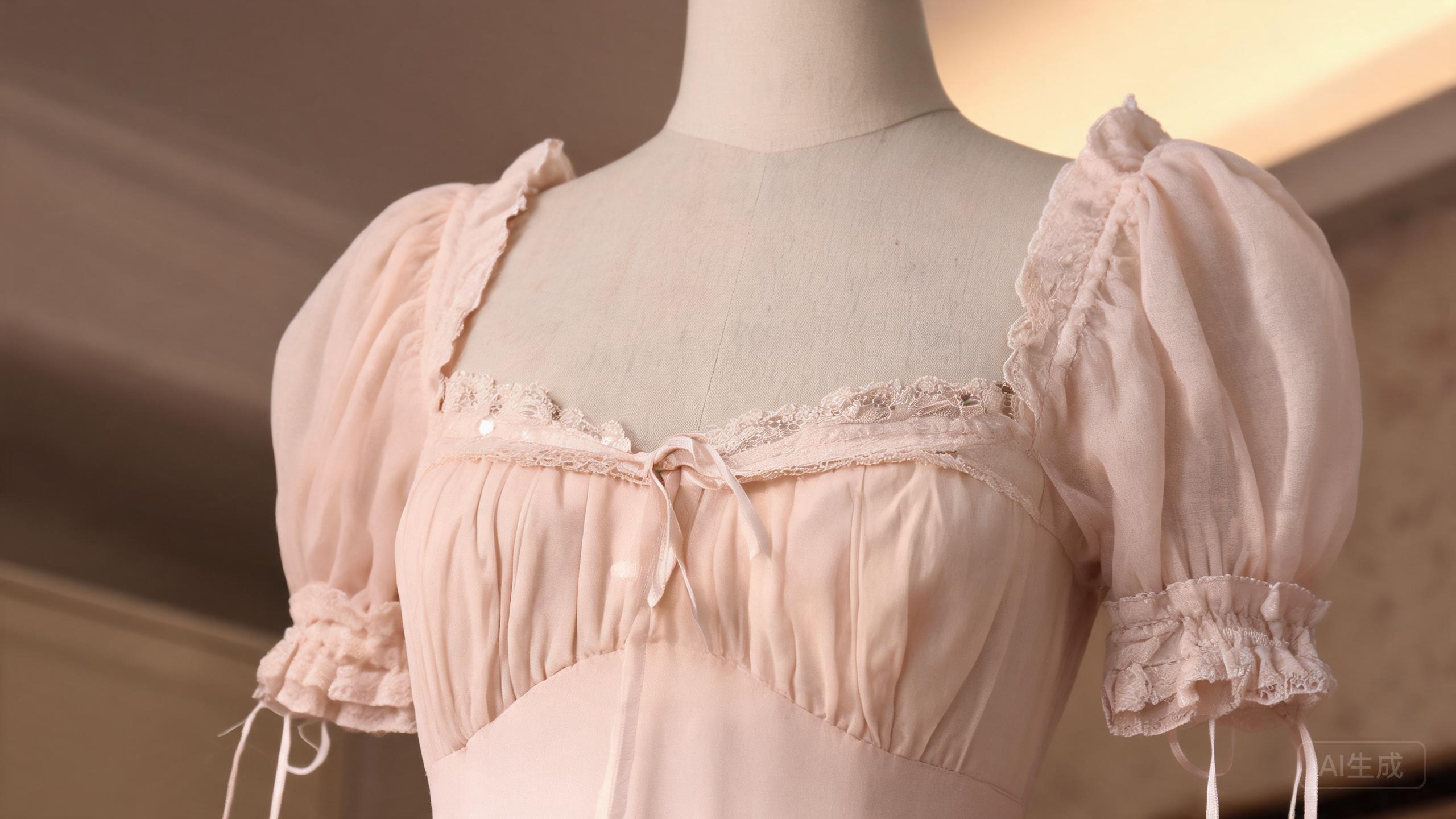 Blush prairie dress worn with a satin hair bow and kid gloves for afternoon tea