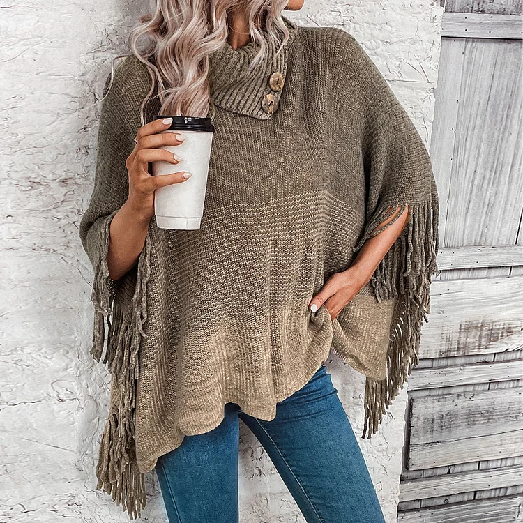 Gradient Lapel Fringed Loose Sweater