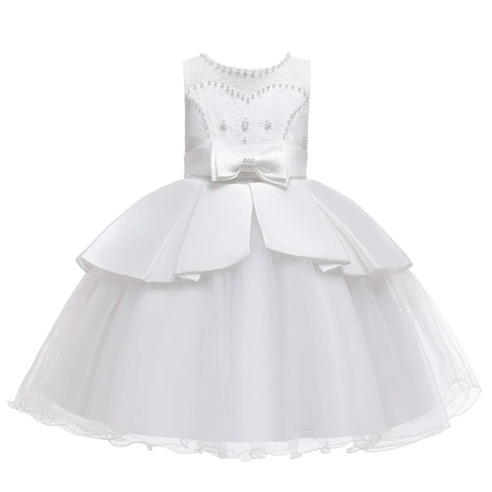 Child Sleeveless Round Neck Girls Tutu Dress For Kids White Lovely Bridesmaid Dress For Girls 2-10 Years Old Knee-Length