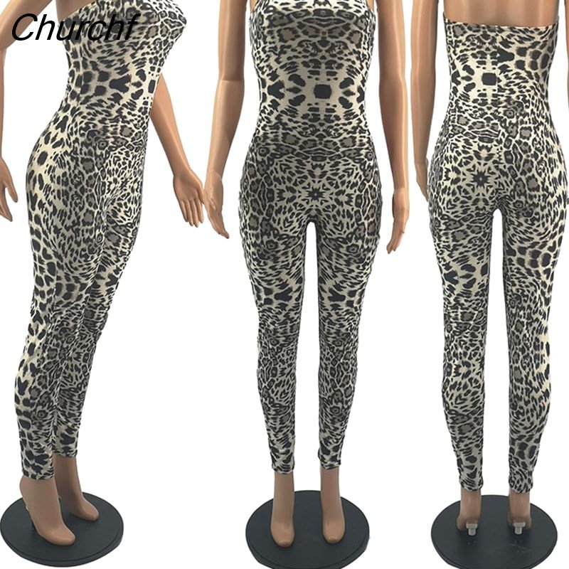 Churchf Sexy Leopard Print Bodycon Jumpsuit Summer Clothing One Piece Club Outfits for Women Off Shoulder Skinny Party Romper