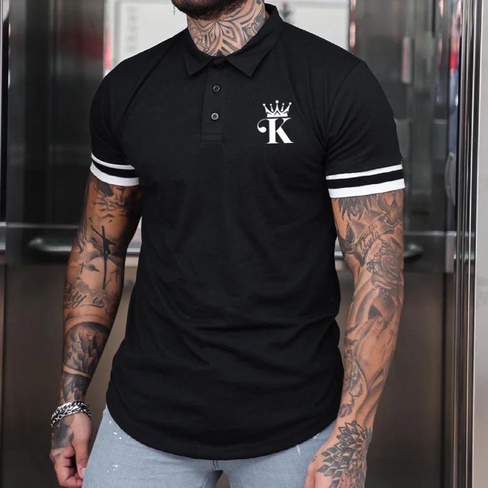 Men's Casual Crown K Print Color Matching Short Sleeve Polo Shirt、、URBENIE