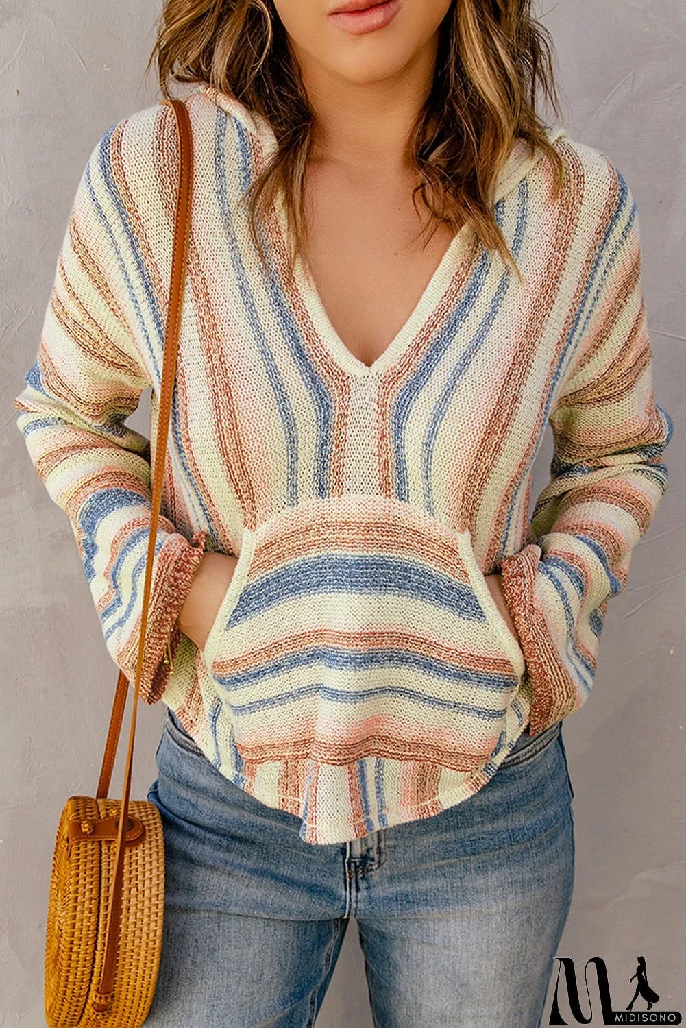 MidiSono - color Striped Knit Kangaroo Pocket Hooded Sweater
